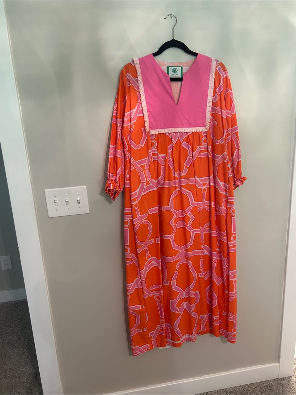Pink & Orange Printed Maxi Dress with V-Neck Bib